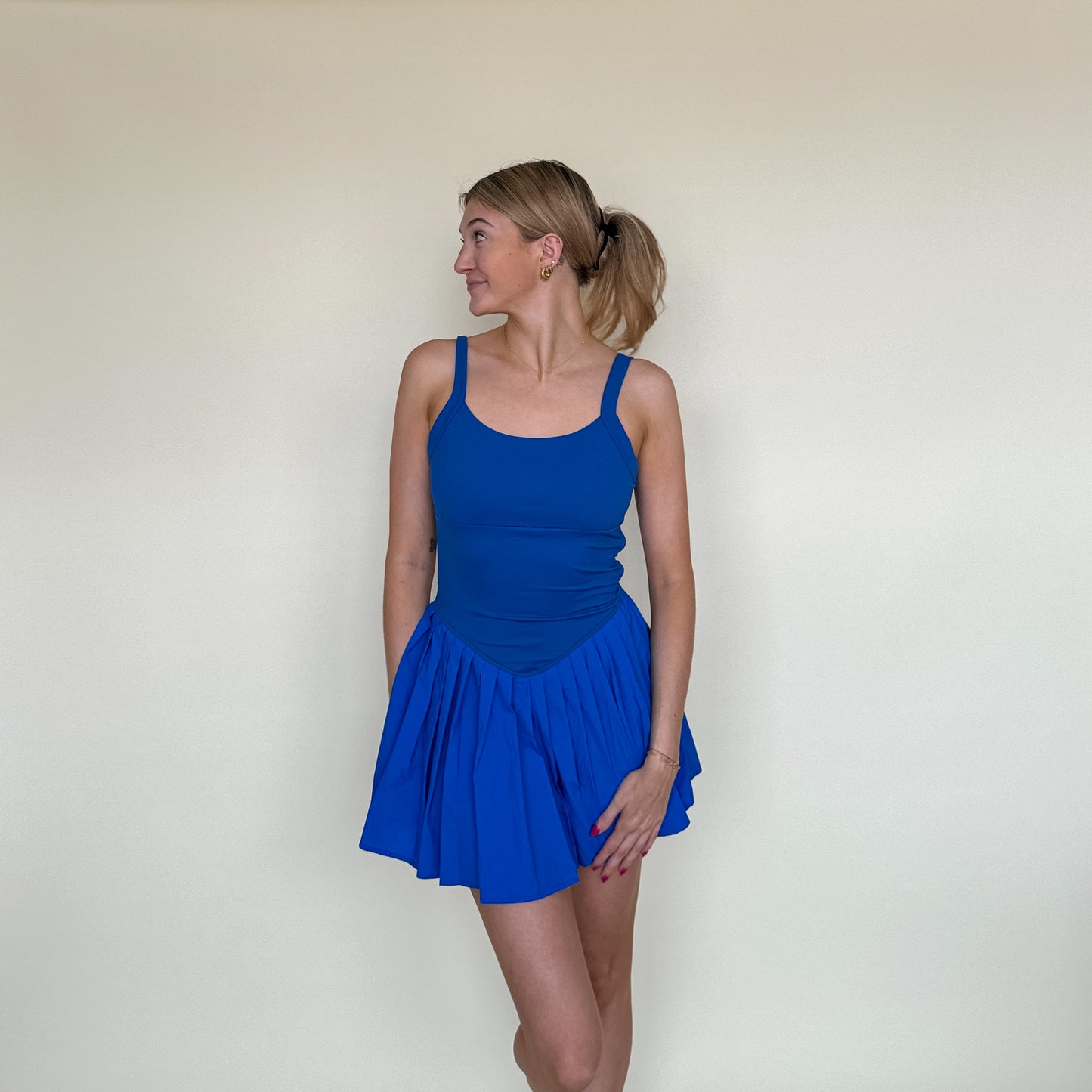 Hot Girl Walk Pleated Romper- Blue